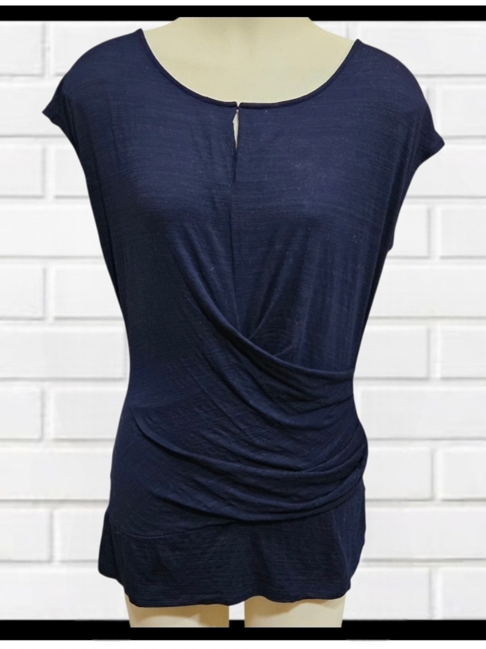 New York & Company Navy Twist-Front Cap Sleeve Tunic